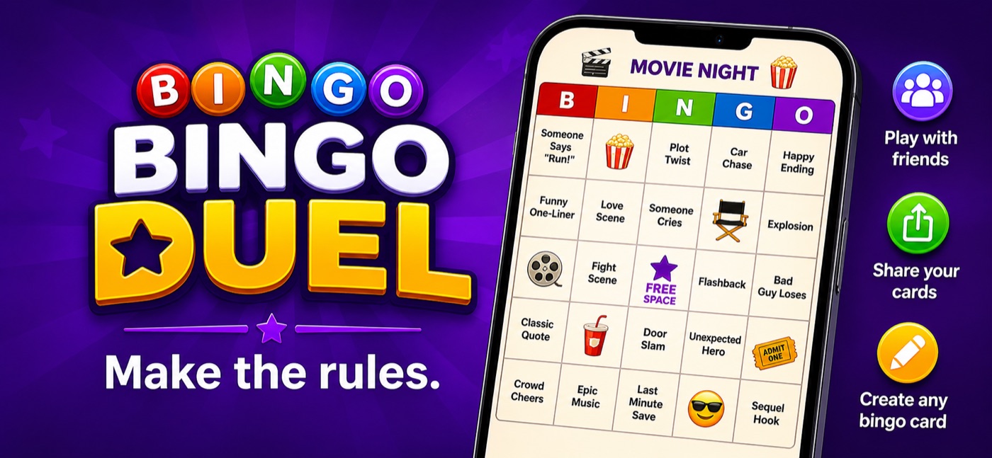 Bingo Duel promotional image showing a movie night bingo card on iPhone