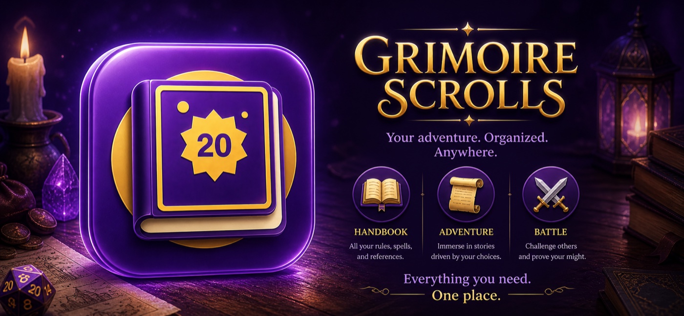 Grimoire Scrolls promotional image with app icon and Dungeons and Dragons feature highlights